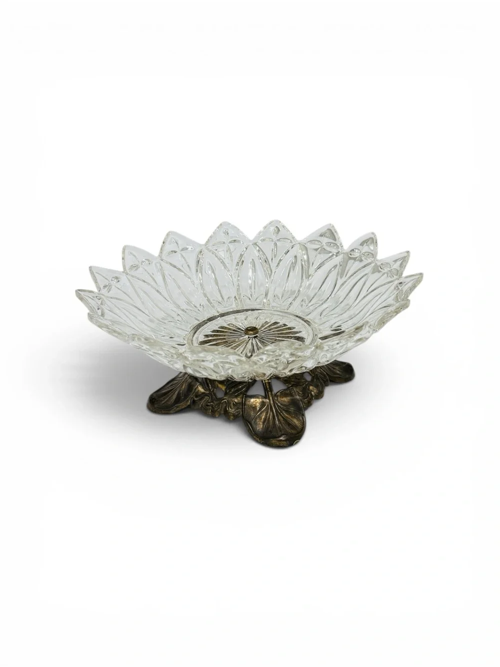 Vintage Crystal Lotus Pedestal Bowl – Hollywood Regency Art Deco Metal Base